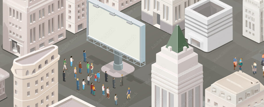 Illustration of pedestrians gathered around a large city billboard